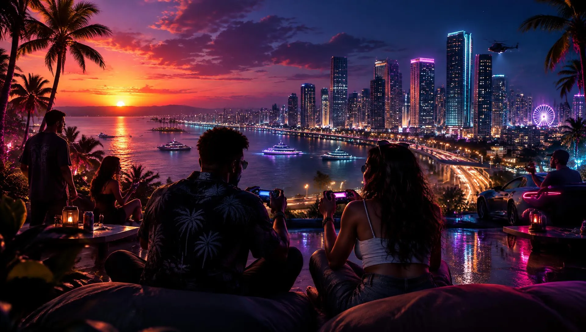 GTA 6 LFG gaming community above a neon tropical city